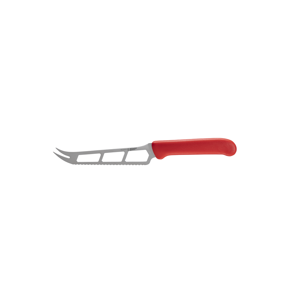 Side profile of Messermeister Petite Messer red 6 inch cheese and tomato knife showing serrated edge