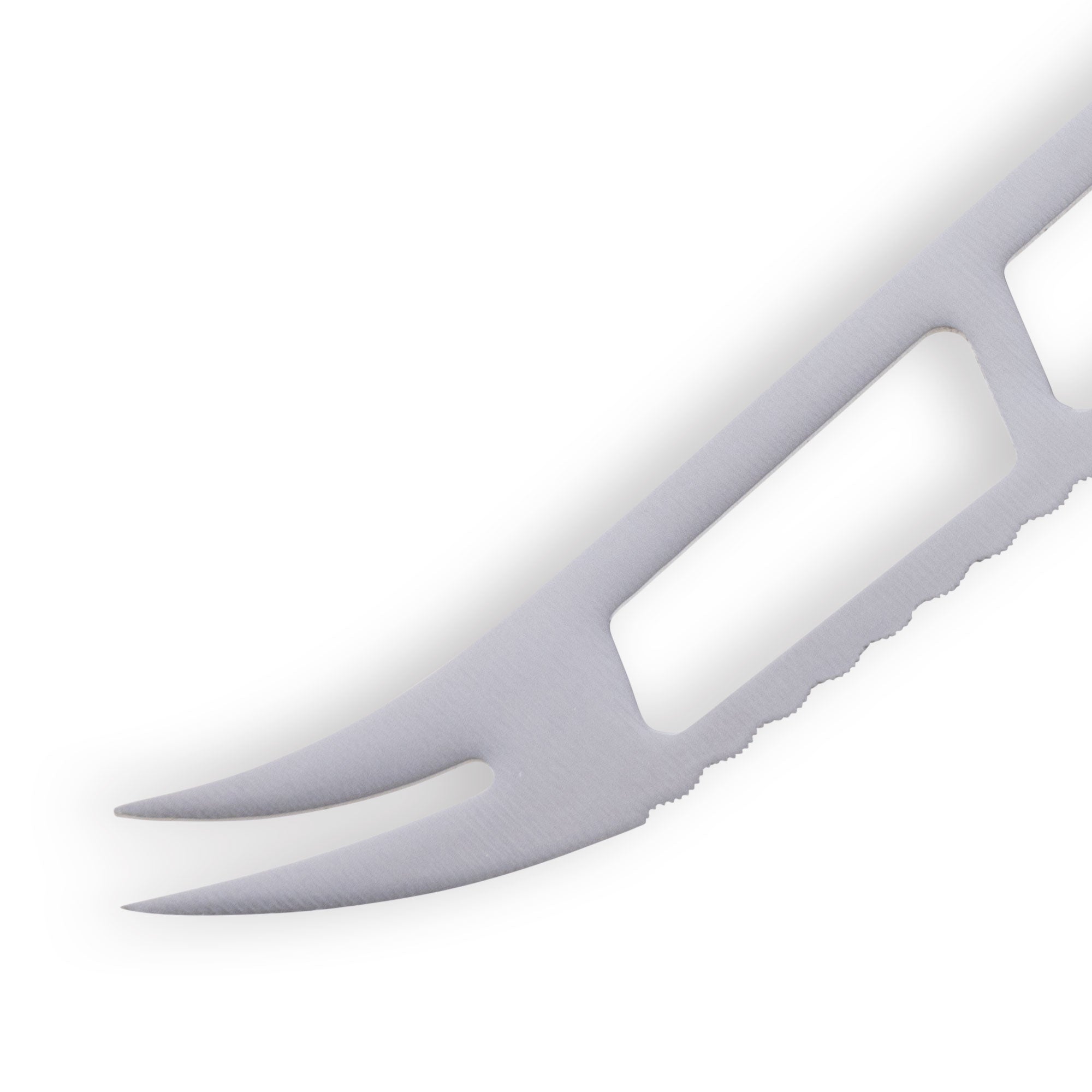 Close up of Messermeister Petite Messer red handled 6 inch cheese and tomato knife tip emphasizing fine serrations and spear tip