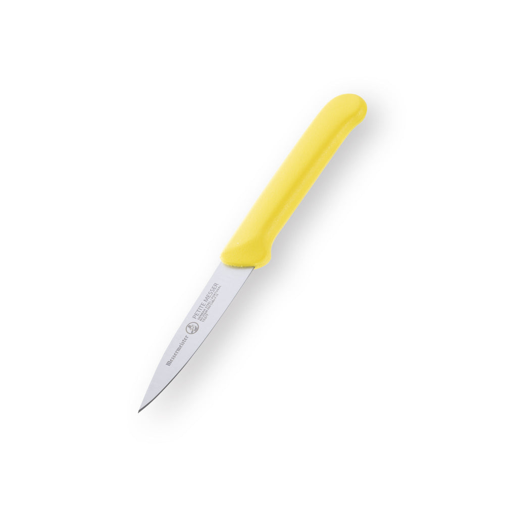 Messermeister Petite Messer 3 inch yellow spear point paring knife angled down view highlighting precision blade