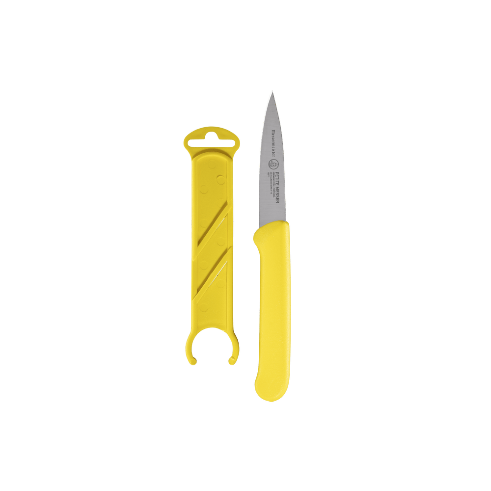 3 inch Messermeister Petite Messer yellow spear point paring knife with sheath for peeling and precision prep work