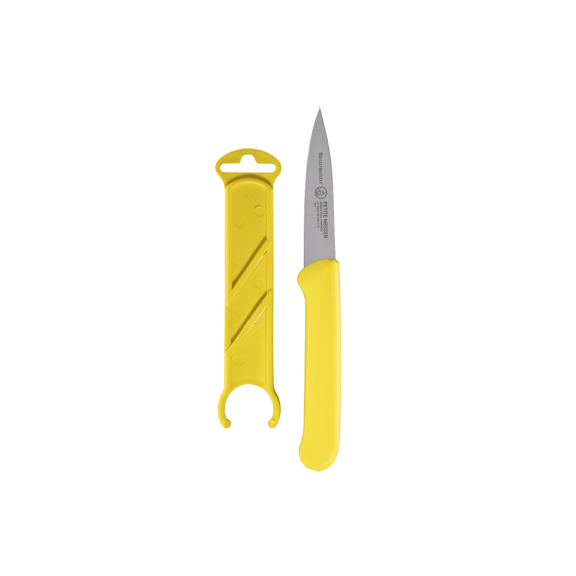 3 inch Messermeister Petite Messer yellow spear point paring knife with sheath for peeling and precision prep work