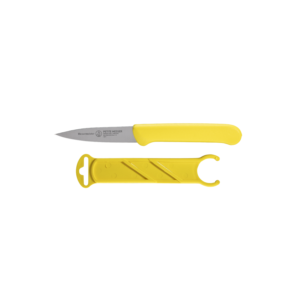 Side profile of Messermeister Petite Messer yellow 3 inch spear point parer showing straight precision blade with sheath