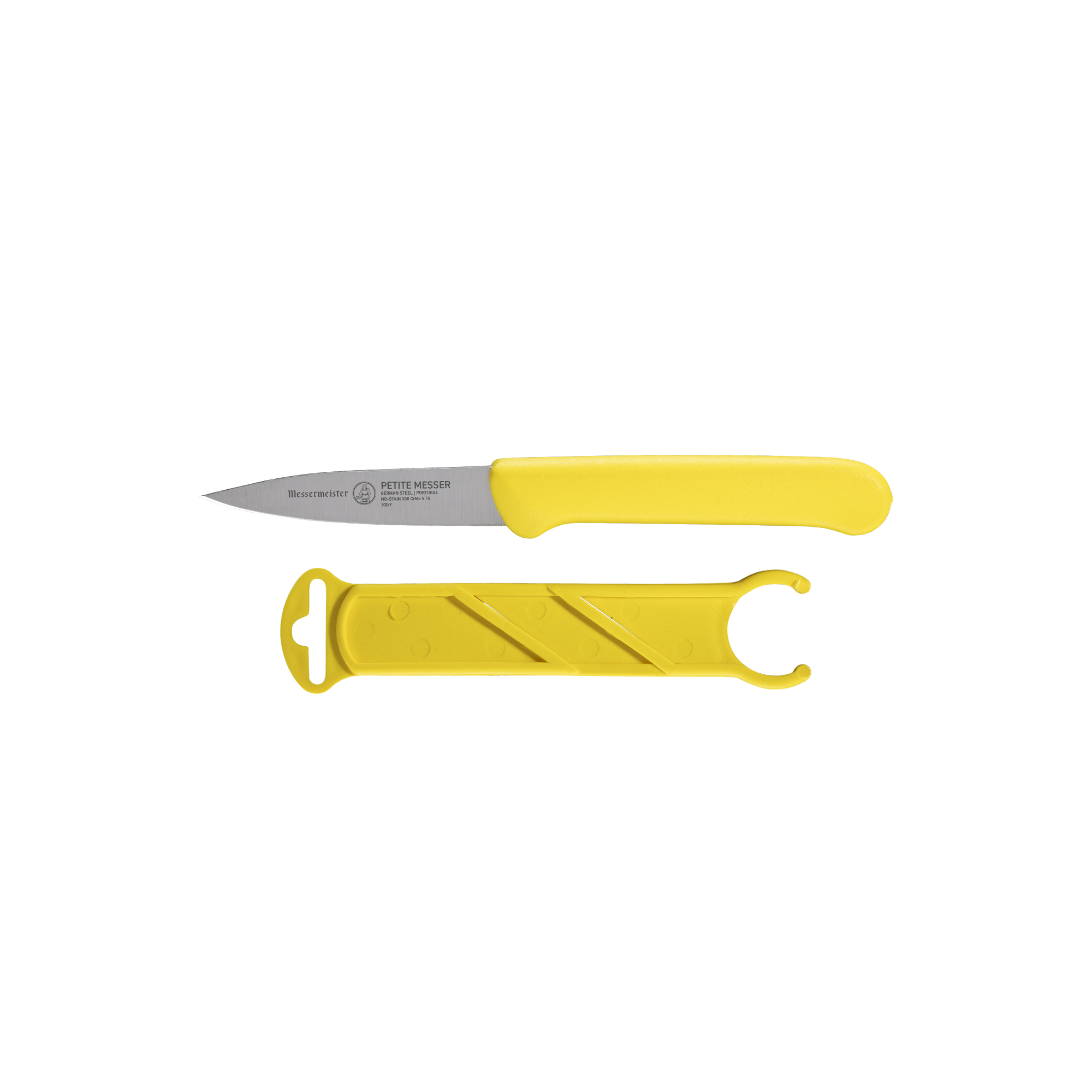 Side profile of Messermeister Petite Messer yellow 3 inch spear point parer showing straight precision blade with sheath