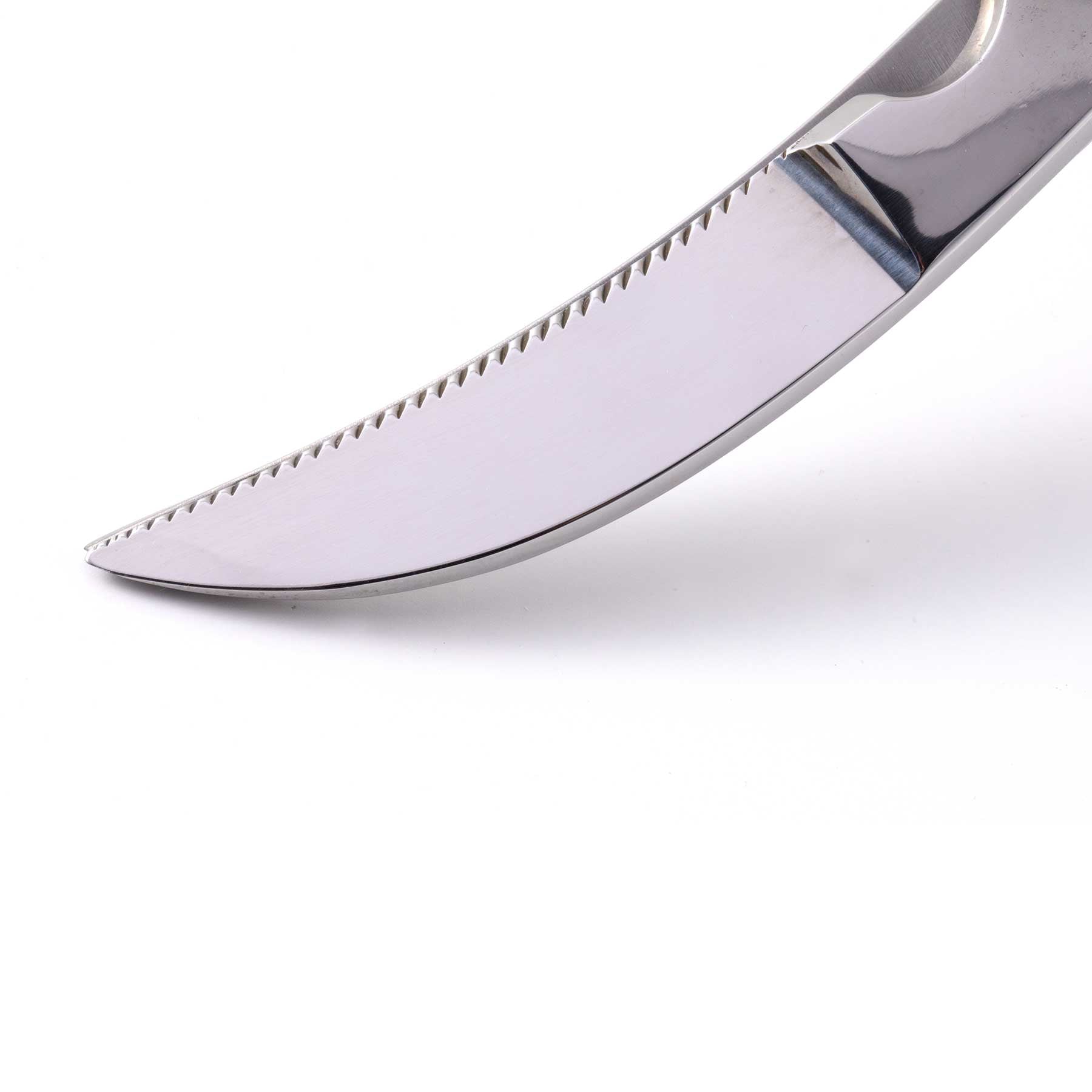 Close-up of the stainless steel blades on Messermeister 10-inch poultry shears, highlighting the sharp cutting edges and durable heavy-duty construction for precise poultry preparation and kitchen tasks