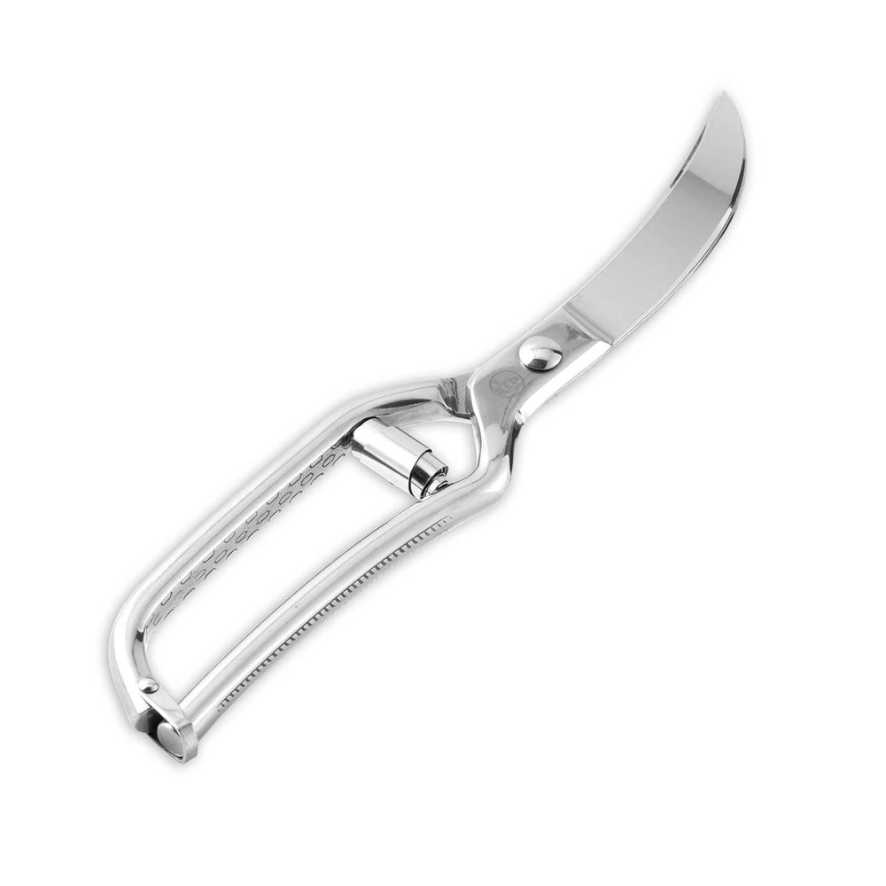 Messermeister 10-inch poultry shears shown closed, featuring sharp stainless steel blades, durable construction, and ergonomic handles designed for precise poultry and kitchen cutting tasks