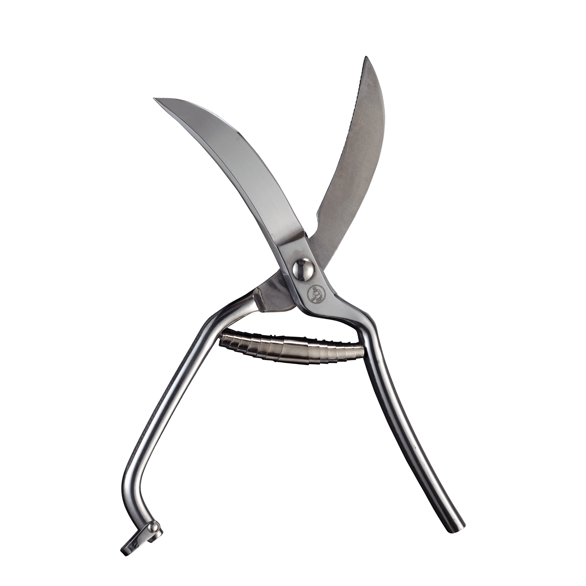 Messermeister 10-inch poultry shears with sharp stainless steel blades and ergonomic handles, designed for heavy-duty cutting of chicken, turkey, and other poultry with precision and control