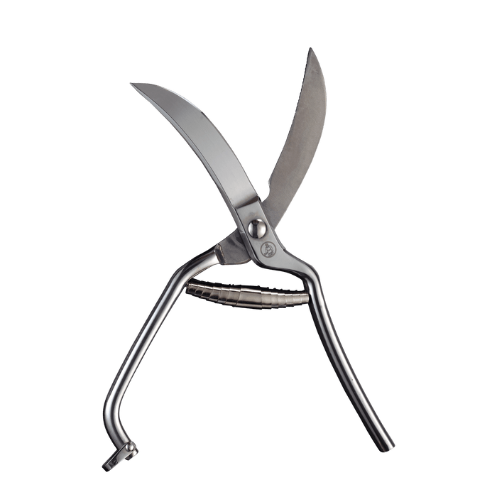 Messermeister 10-inch poultry shears with sharp stainless steel blades and ergonomic handles, designed for heavy-duty cutting of chicken, turkey, and other poultry with precision and control