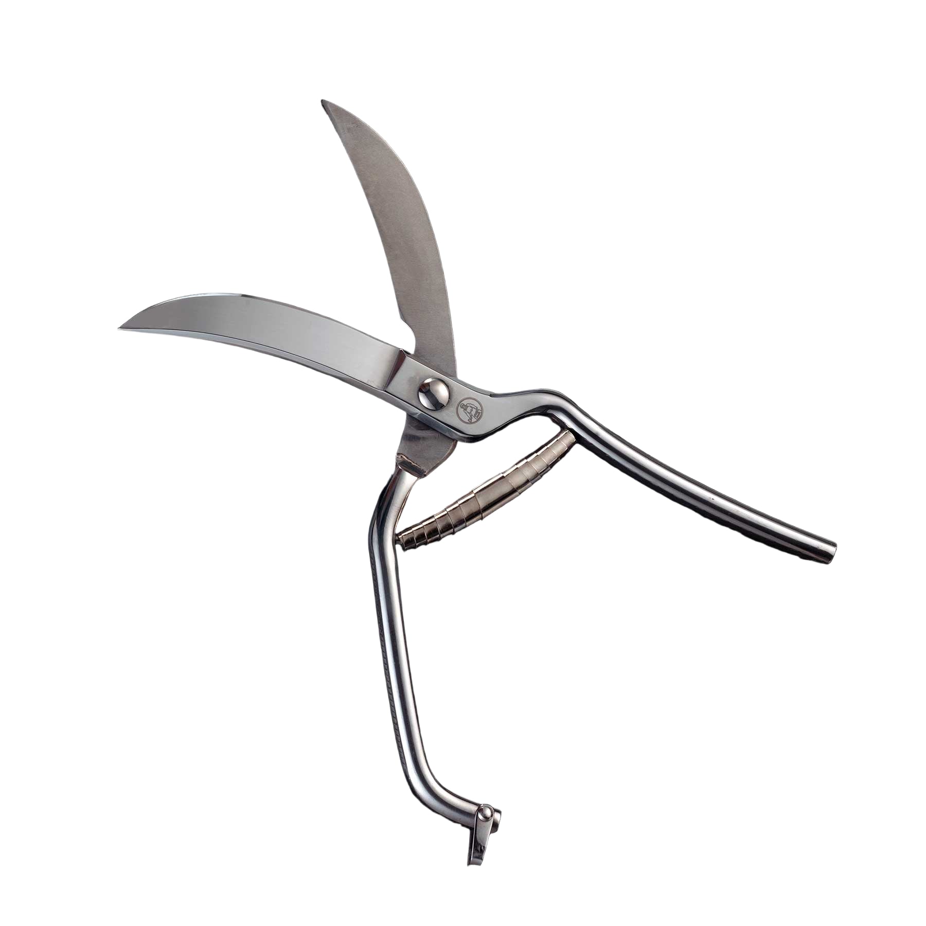 Messermeister 10-inch poultry shears shown open, featuring sharp stainless steel blades, integrated spring tension system, and ergonomic handles designed for powerful, controlled cutting of poultry and kitchen ingredients