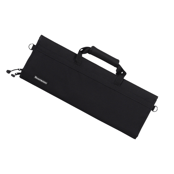  Messermeister Preservation 12 Pocket Knife Bag in Black featuring durable recycled fabric, structured professional design, reinforced carry handles, and heavy-duty zipper closure with storage for up to twelve chef knives and culinary tools