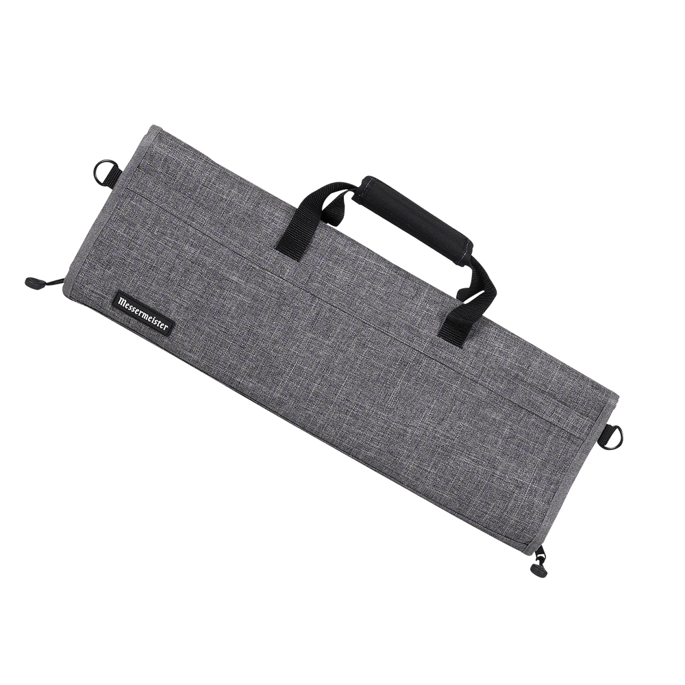Heather gray Messermeister Preservation 12-pocket knife roll crafted from recycled water bottle fabric, shown open with 12 elastic knife slots, padded protective lining, zippered mesh pocket, and reinforced stitching for professional chef knife storage