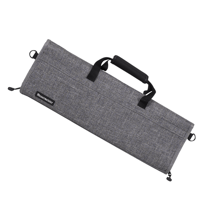 Heather gray Messermeister Preservation 12-pocket knife roll crafted from recycled water bottle fabric, shown open with 12 elastic knife slots, padded protective lining, zippered mesh pocket, and reinforced stitching for professional chef knife storage