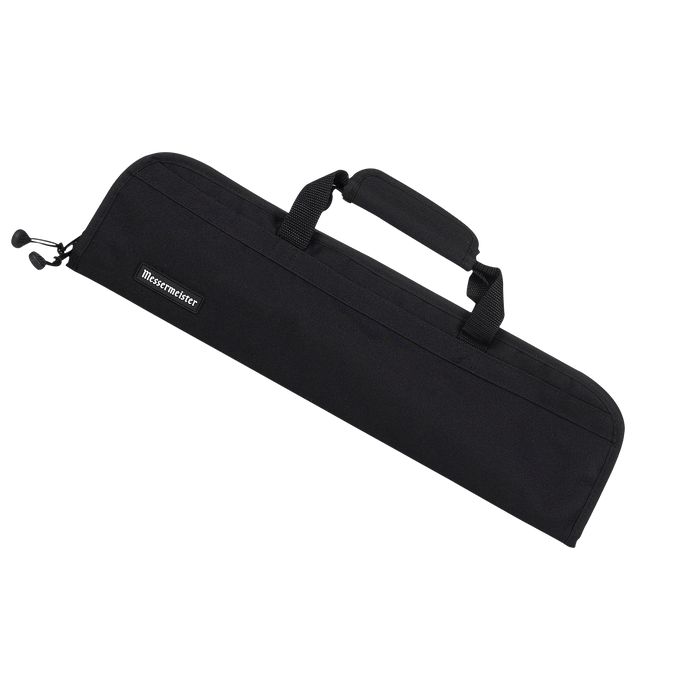 Messermeister Preservation 5 Pocket Knife Bag in black, featuring durable padded construction with five secure knife pockets, zippered storage compartments, reinforced handles, and a compact travel-friendly design for safely transporting chef knives and culinary tools