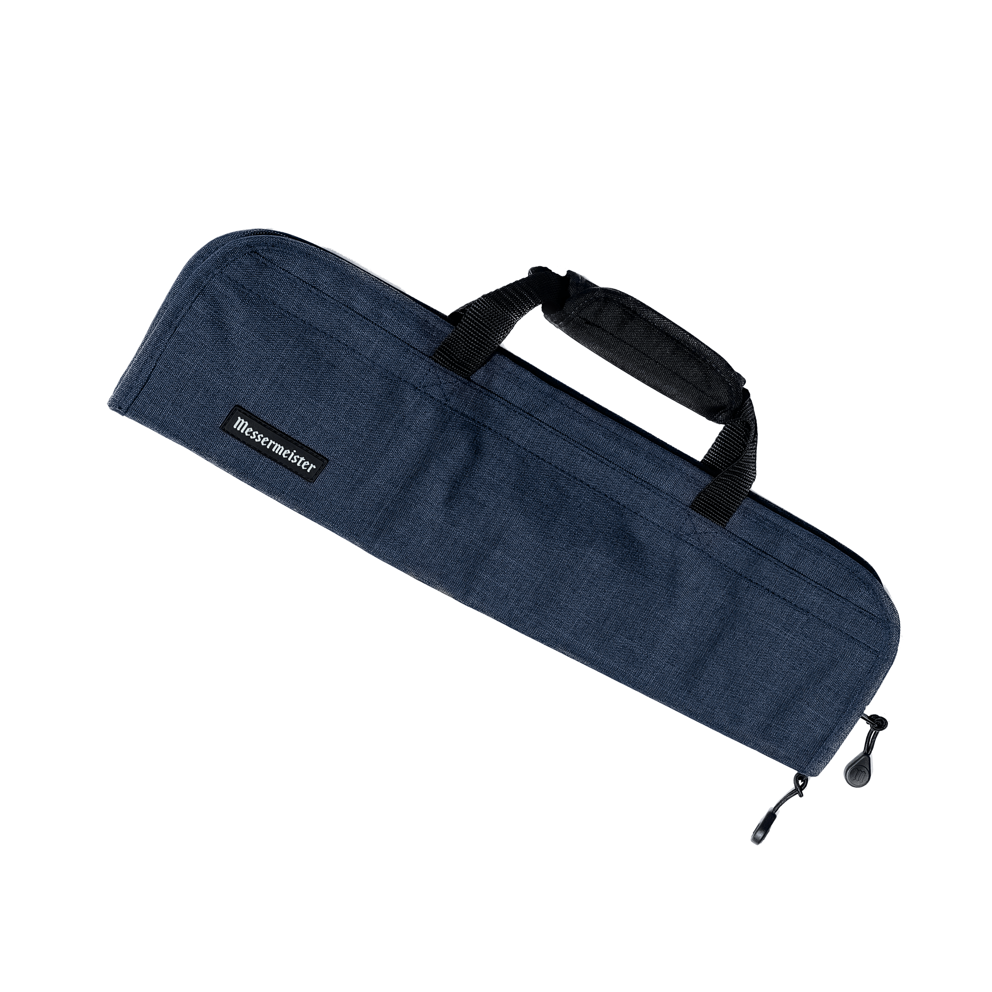 Messermeister Preservation 5 Pocket Knife Bag in Heather Navy made from recycled materials with padded protection, durable YKK zippers, and secure storage for up to five chef knives and culinary tools