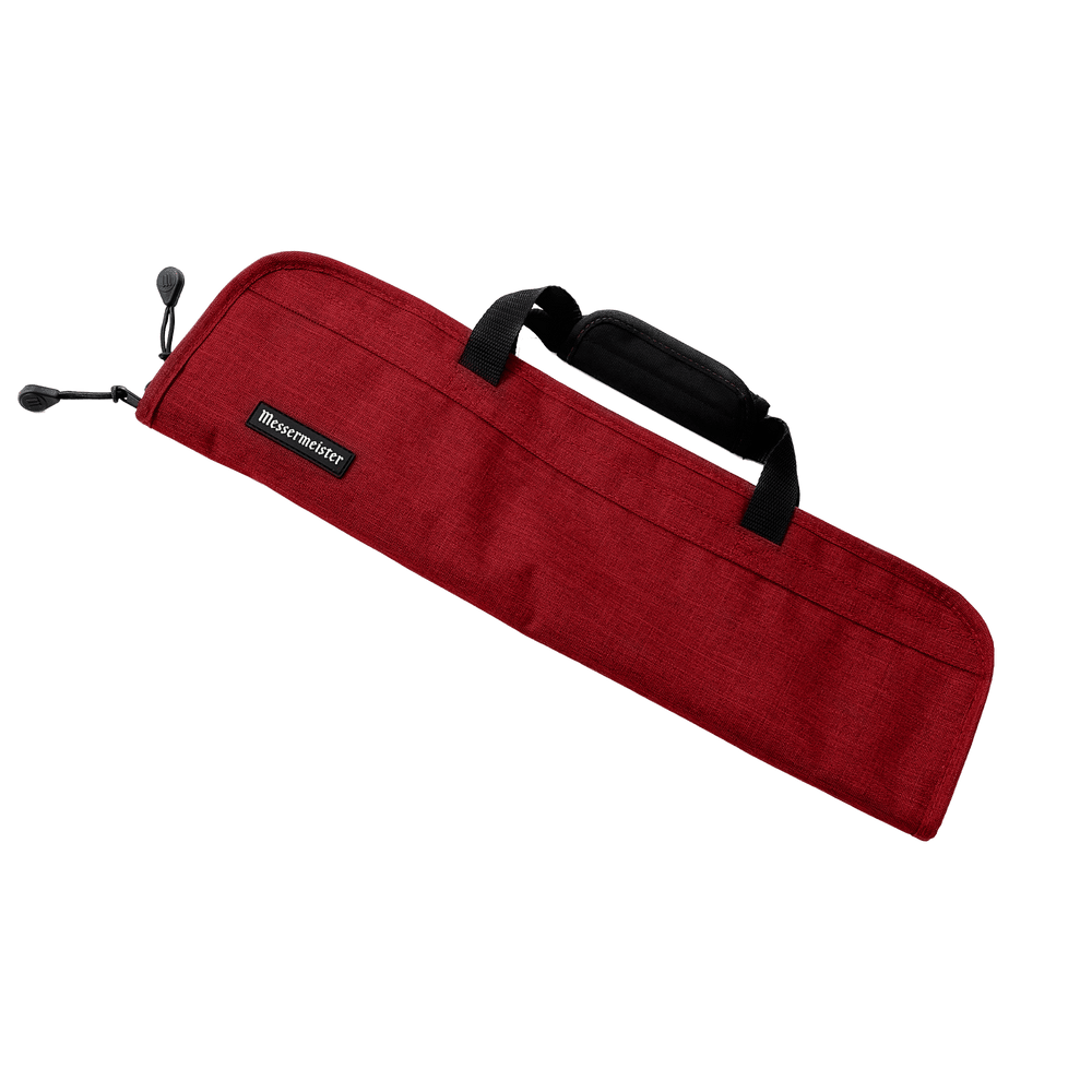 Front view of Messermeister Preservation 5 Pocket Knife Bag in Heather Red featuring durable recycled fabric, reinforced carry handles, sleek compact design, and heavy-duty YKK zipper closure