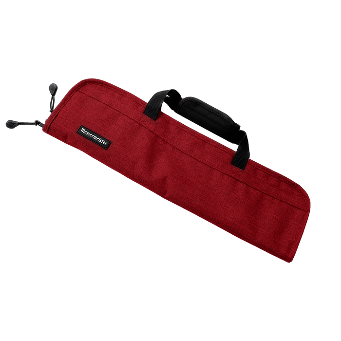 Front view of Messermeister Preservation 5 Pocket Knife Bag in Heather Red featuring durable recycled fabric, reinforced carry handles, sleek compact design, and heavy-duty YKK zipper closure