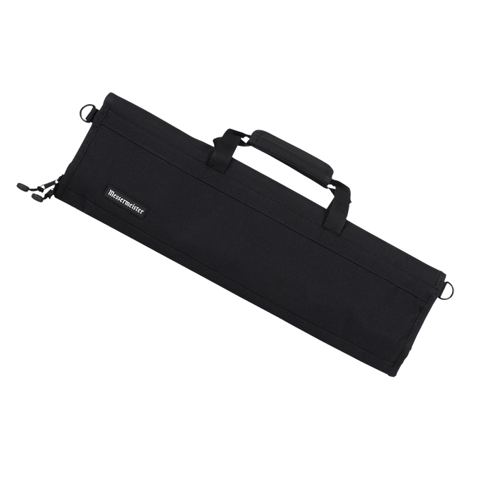  Messermeister Preservation 8 Pocket Knife Bag in Black featuring durable recycled fabric, reinforced carry handles, sleek professional design, and heavy-duty YKK zipper closure with storage for up to eight chef knives and culinary tools