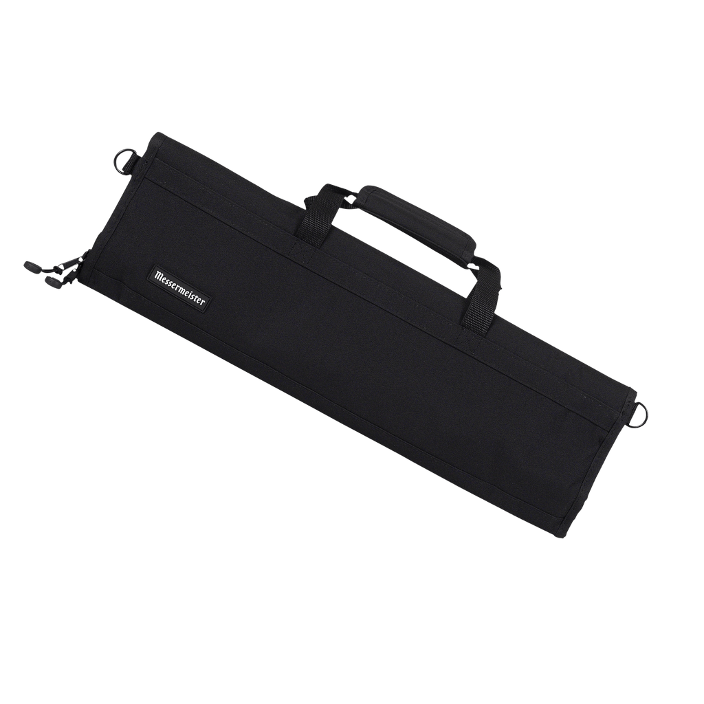  Messermeister Preservation 8 Pocket Knife Bag in Black featuring durable recycled fabric, reinforced carry handles, sleek professional design, and heavy-duty YKK zipper closure with storage for up to eight chef knives and culinary tools