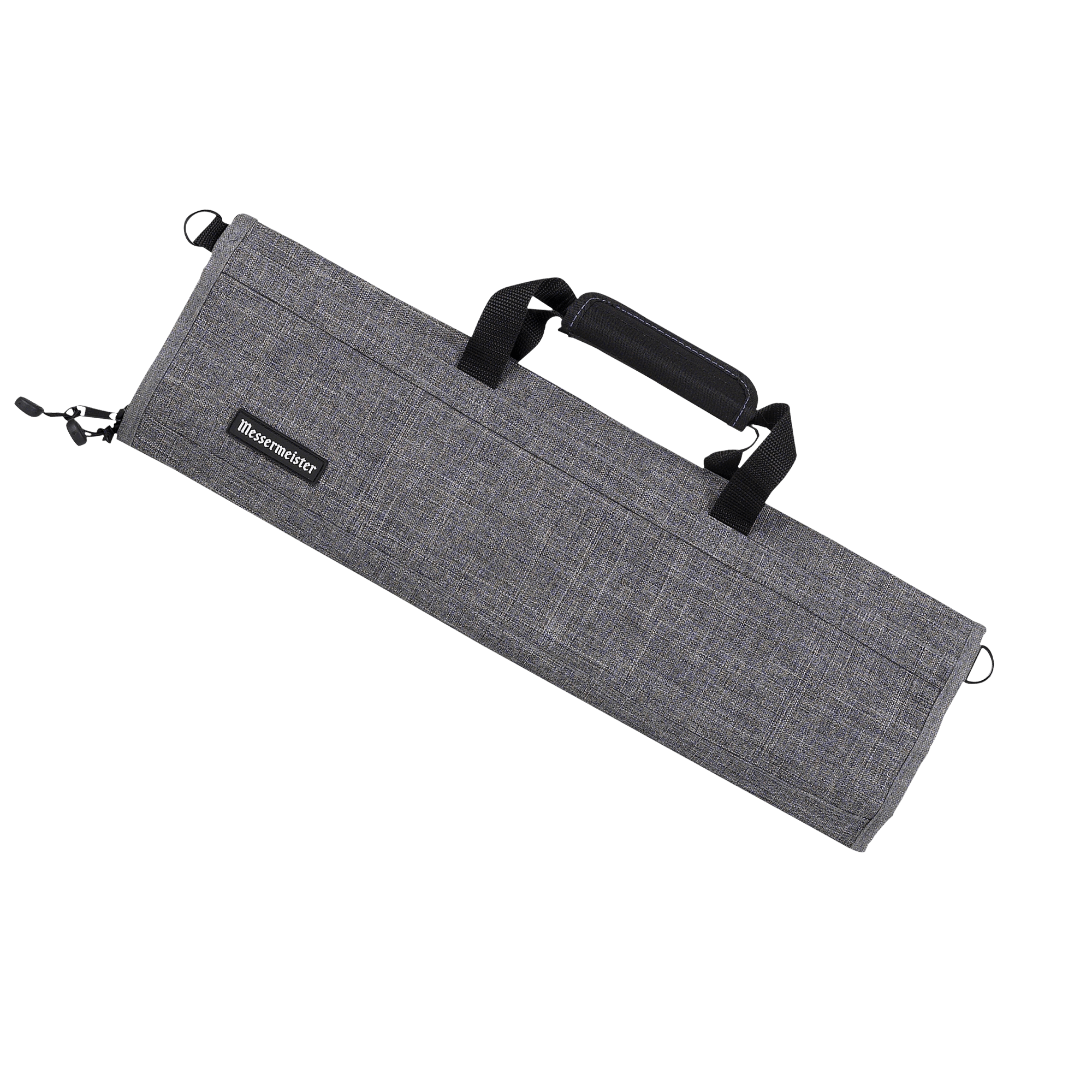  Messermeister Preservation 8 Pocket Knife Bag in Gray featuring durable recycled fabric, reinforced carry handles, sleek professional design, and heavy-duty YKK zipper closure with organized storage for up to eight chef knives and culinary tools