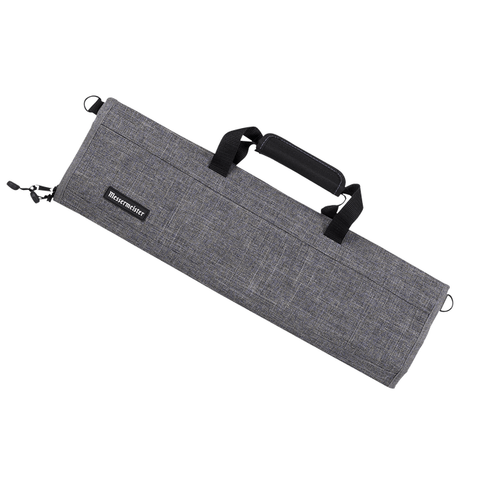  Messermeister Preservation 8 Pocket Knife Bag in Gray featuring durable recycled fabric, reinforced carry handles, sleek professional design, and heavy-duty YKK zipper closure with organized storage for up to eight chef knives and culinary tools