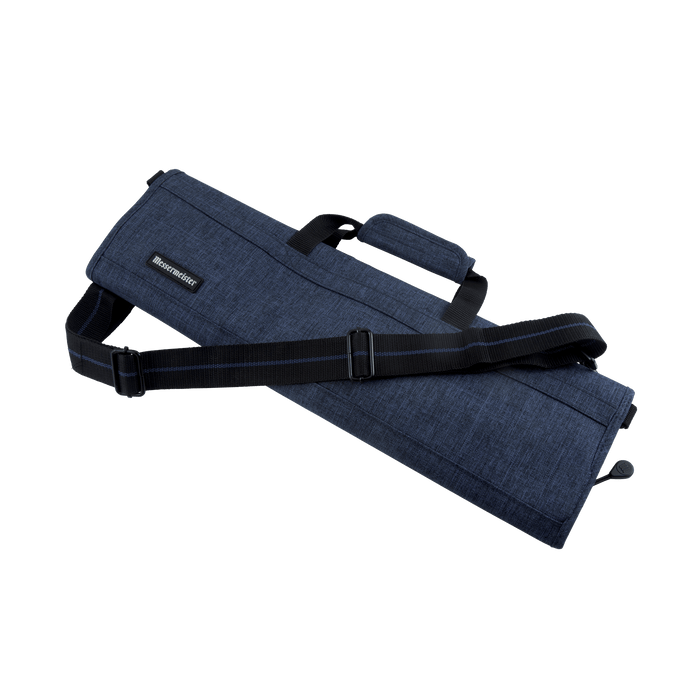 Messermeister Preservation 8 Pocket Knife Bag in Navy featuring durable recycled fabric, reinforced carry handles, structured professional design, and heavy-duty YKK zipper closure with storage for up to eight chef knives and culinary tools