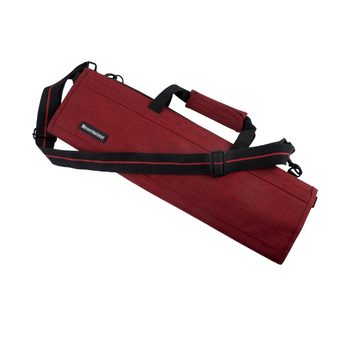 Front view of Messermeister Preservation 8 Pocket Knife Bag in Red featuring durable recycled fabric, structured professional design, reinforced carry handles, and heavy-duty zipper closure with storage for up to eight chef knives and culinary tools