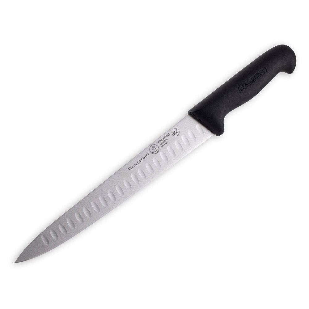 Messermeister Pro Series 10-inch kullens carving knife angled to highlight granton-edge stainless steel blade and ergonomic non-slip black polyfibre handle for smooth carving