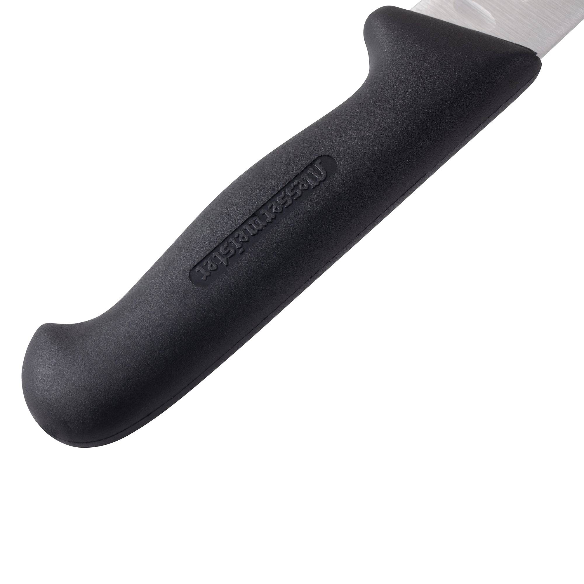 Handle close-up of Messermeister Pro Series 10-inch kullens carving knife with black ergonomic non-slip polyfibre grip
