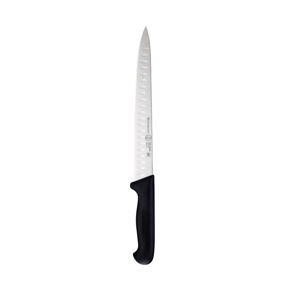 Messermeister Pro Series 10-inch kullens carving knife with granton-edge stainless steel blade and ergonomic black polyfibre non-slip handle for smooth meat slicing