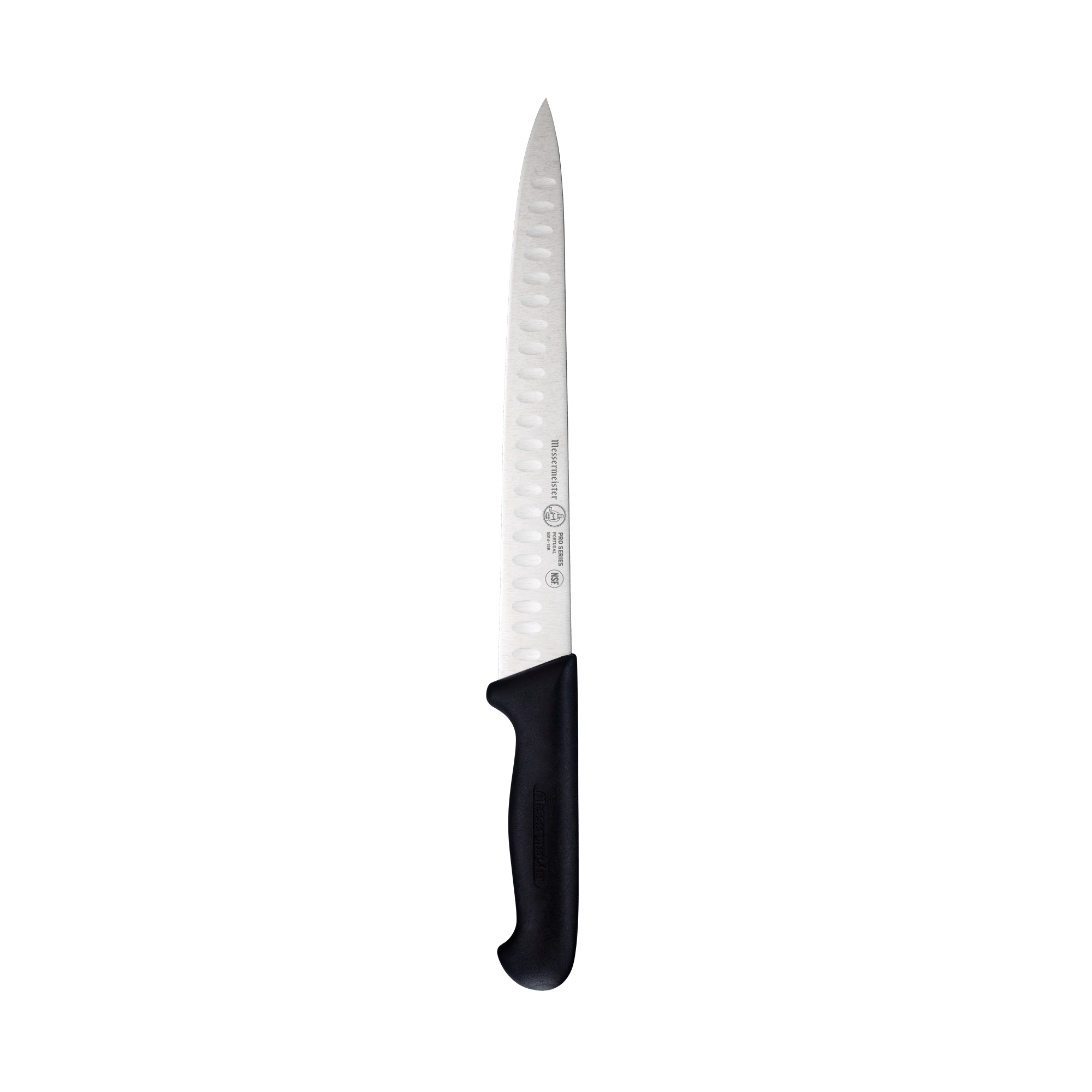 Messermeister Pro Series 10-inch kullens carving knife with granton-edge stainless steel blade and ergonomic black polyfibre non-slip handle for smooth meat slicing