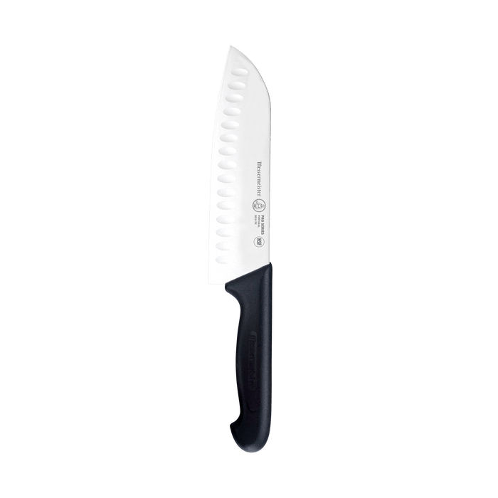 Messermeister Pro Series 7-inch kullens santoku knife with stainless steel blade and black ergonomic handle