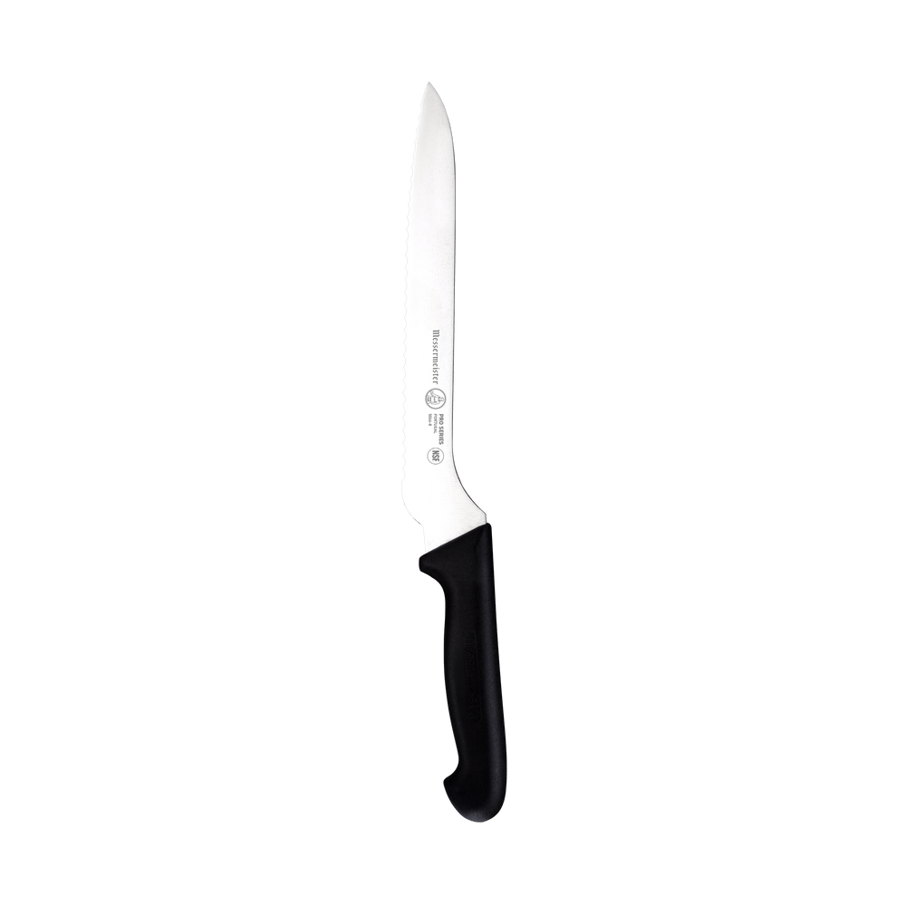 Messermeister Pro Series 8-inch offset scalloped slicer with serrated stainless steel blade and ergonomic black polyfibre non-slip handle for slicing bread and baked goods