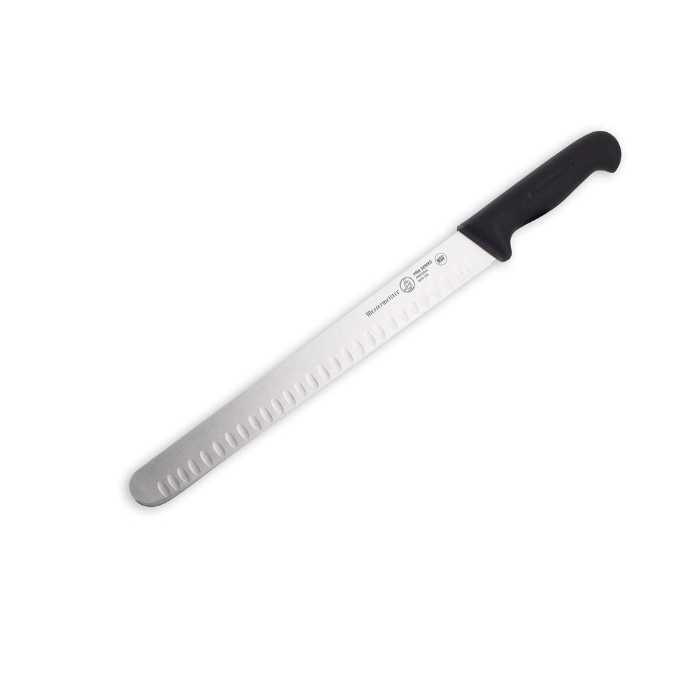 Angled view of Messermeister Pro Series 12-inch kullens slicer with stainless steel blade and black ergonomic handle