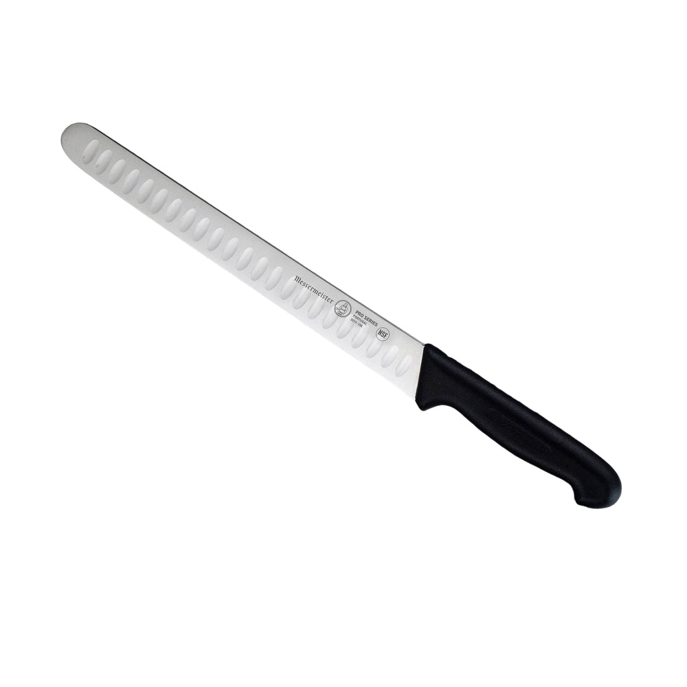 Angled view of Messermeister Pro Series 12-inch kullens slicer with stainless steel blade and black ergonomic handle