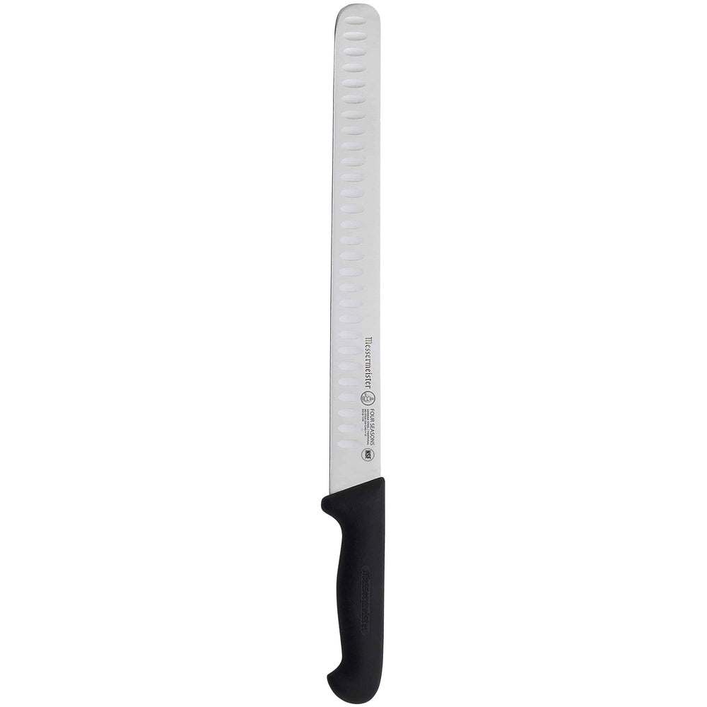 Upright view of Messermeister Pro Series 12-inch kullens slicer with stainless steel blade and black ergonomic handle