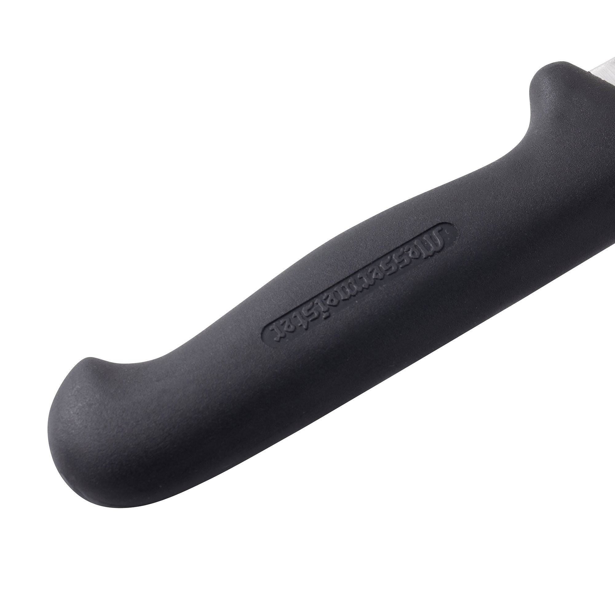 Detail of Messermeister Pro Series 12-inch round-tip kullens slicer handle featuring ergonomic black polyfibre construction for secure non-slip control during slicing
