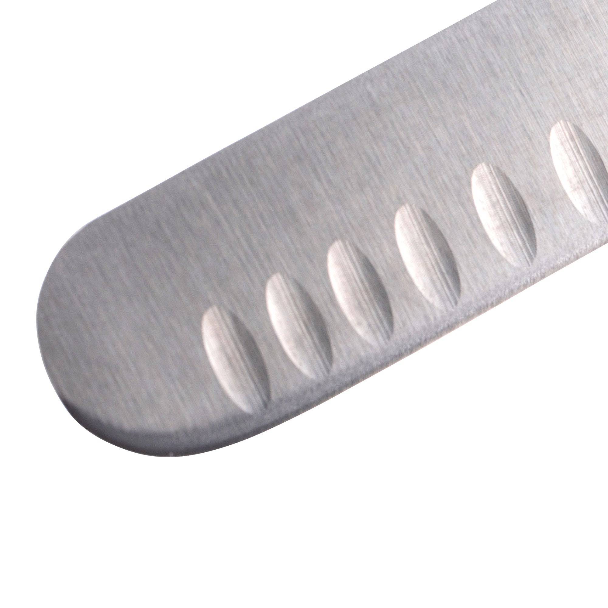 Detail of rounded tip on Messermeister Pro Series 12-inch kullens slicer highlighting granton-edge stainless steel blade designed to prevent food from sticking
