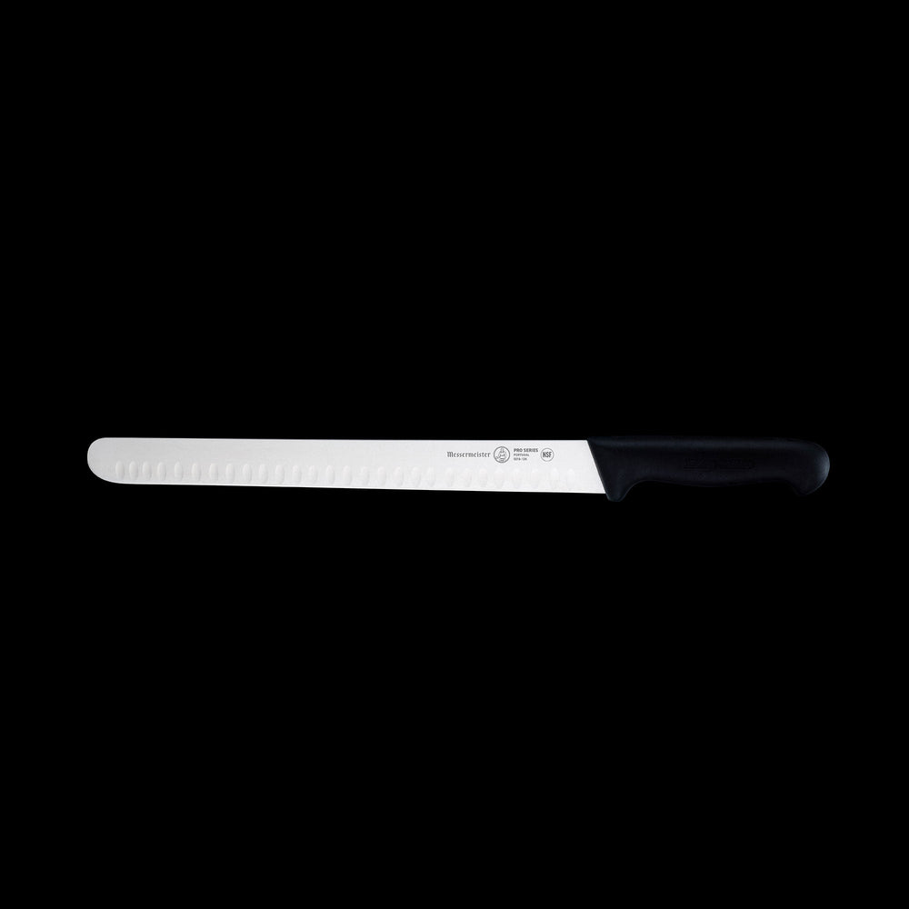 Messermeister Pro Series 12-inch round-tip kullens slicer with stainless steel blade and black ergonomic handle