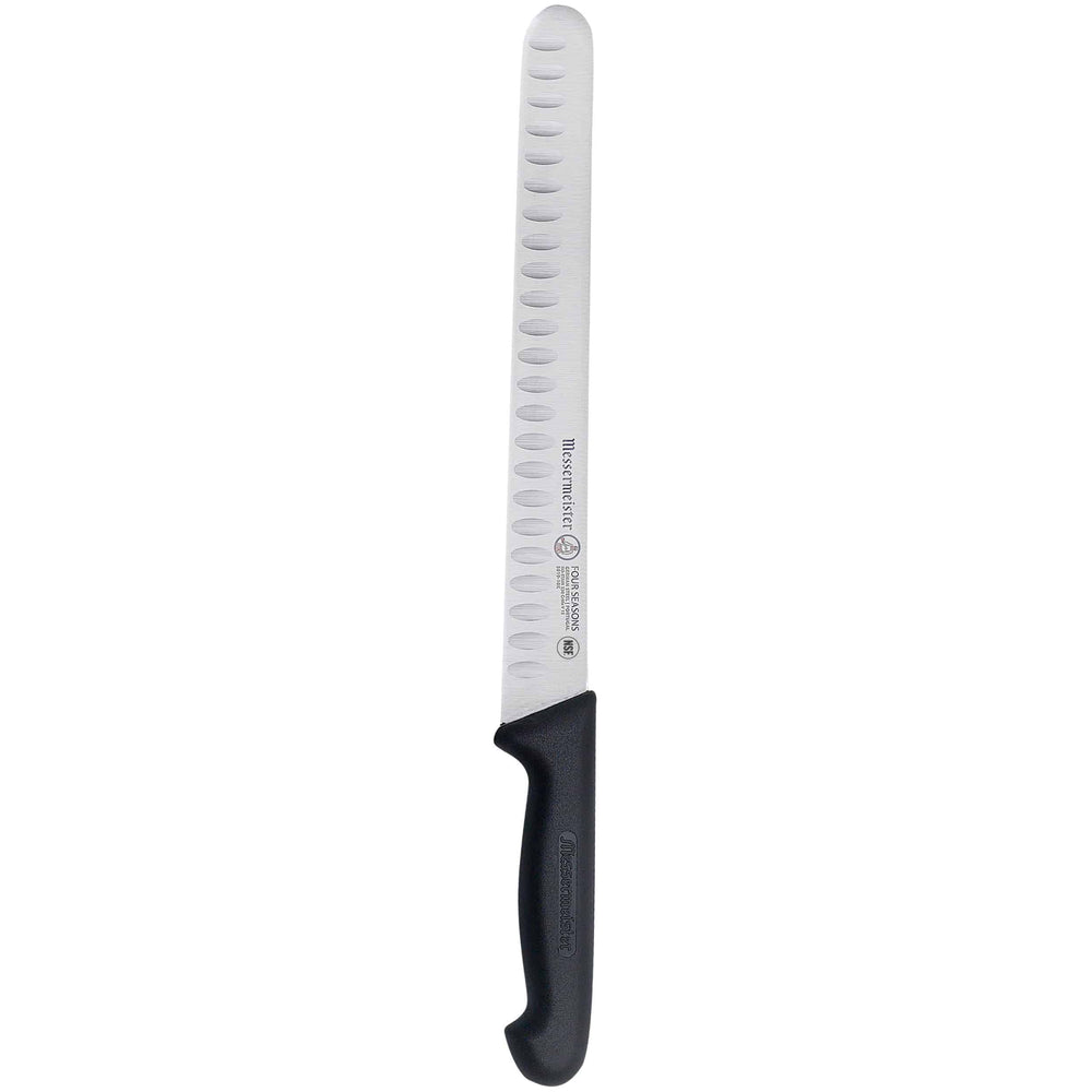 Messermeister Pro Series 12-inch round-tip kullens slicer upright to highlight granton-edge stainless steel blade and ergonomic non-slip black polyfibre handle for smooth slicing