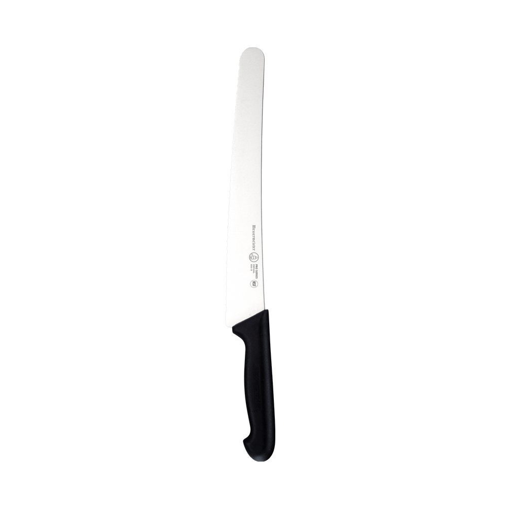 Messermeister Pro Series 10-inch scalloped baker’s knife with serrated stainless steel blade and ergonomic black polyfibre non-slip handle for slicing bread and baked goods