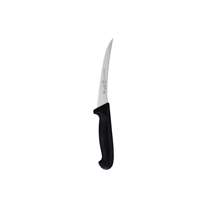 Messermeister Pro Series semi-flex curved boning knife with stainless steel blade and ergonomic black polyfibre handle for precise meat trimming