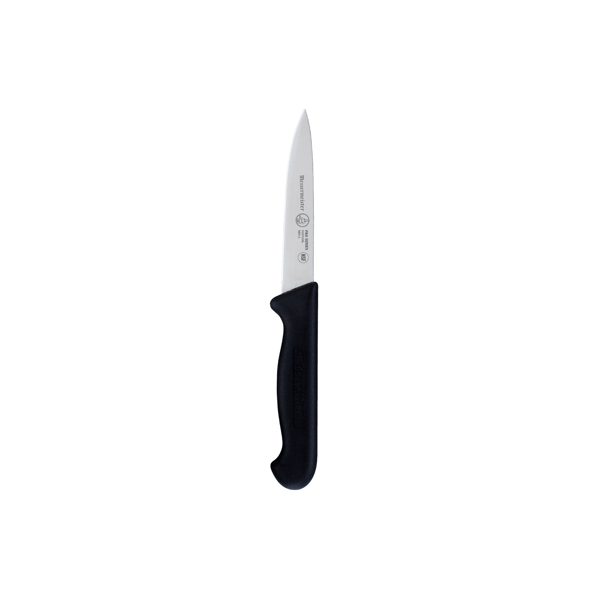 Messermeister Pro Series 4-inch spear point paring knife with stainless steel blade and black ergonomic polyfibre handle