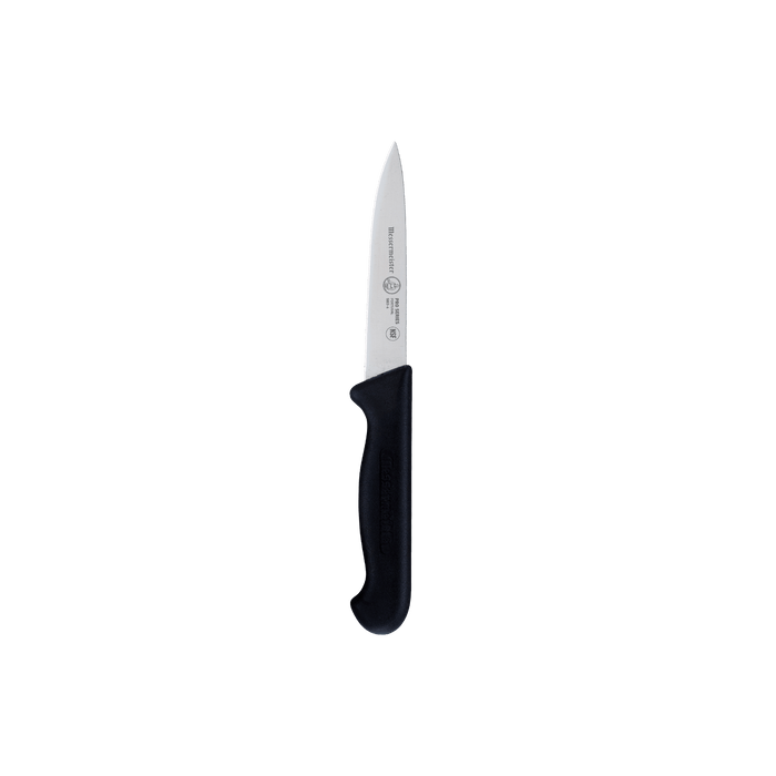 Messermeister Pro Series 4-inch spear point paring knife with stainless steel blade and black ergonomic polyfibre handle