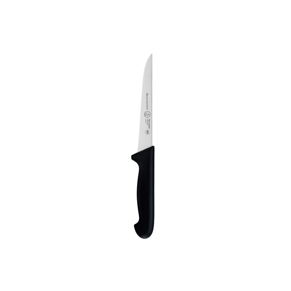 Messermeister Pro Series stiff boning knife with narrow stainless steel blade and ergonomic black polyfibre handle for precise meat trimming