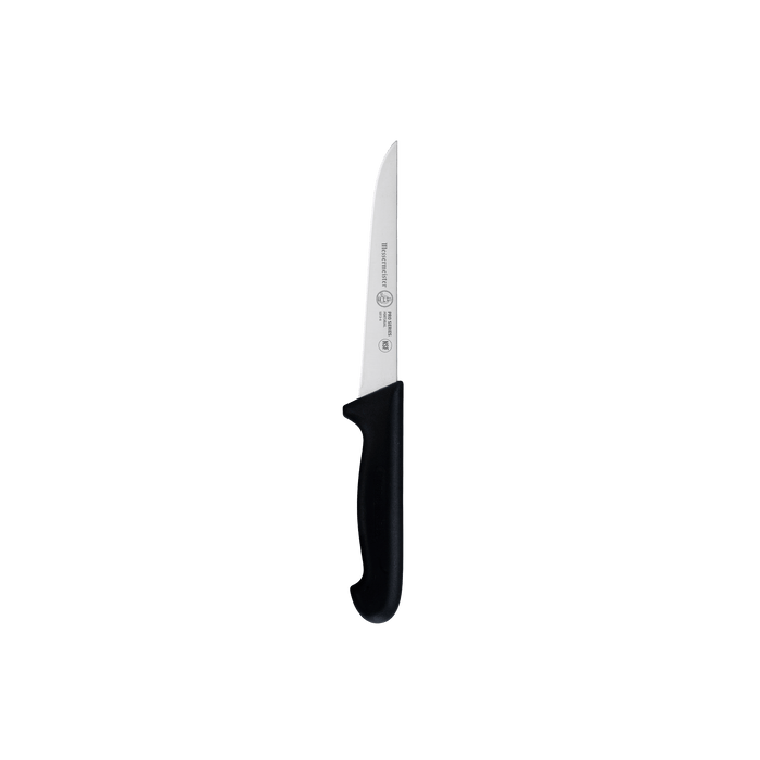Messermeister Pro Series stiff boning knife with narrow stainless steel blade and ergonomic black polyfibre handle for precise meat trimming