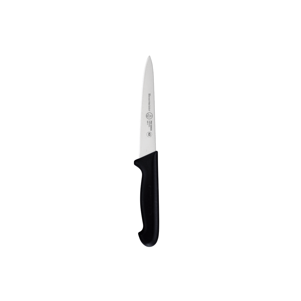 Messermeister Pro Series 6-inch utility knife with stainless steel blade and ergonomic black handle for slicing meat, fruit, and vegetables