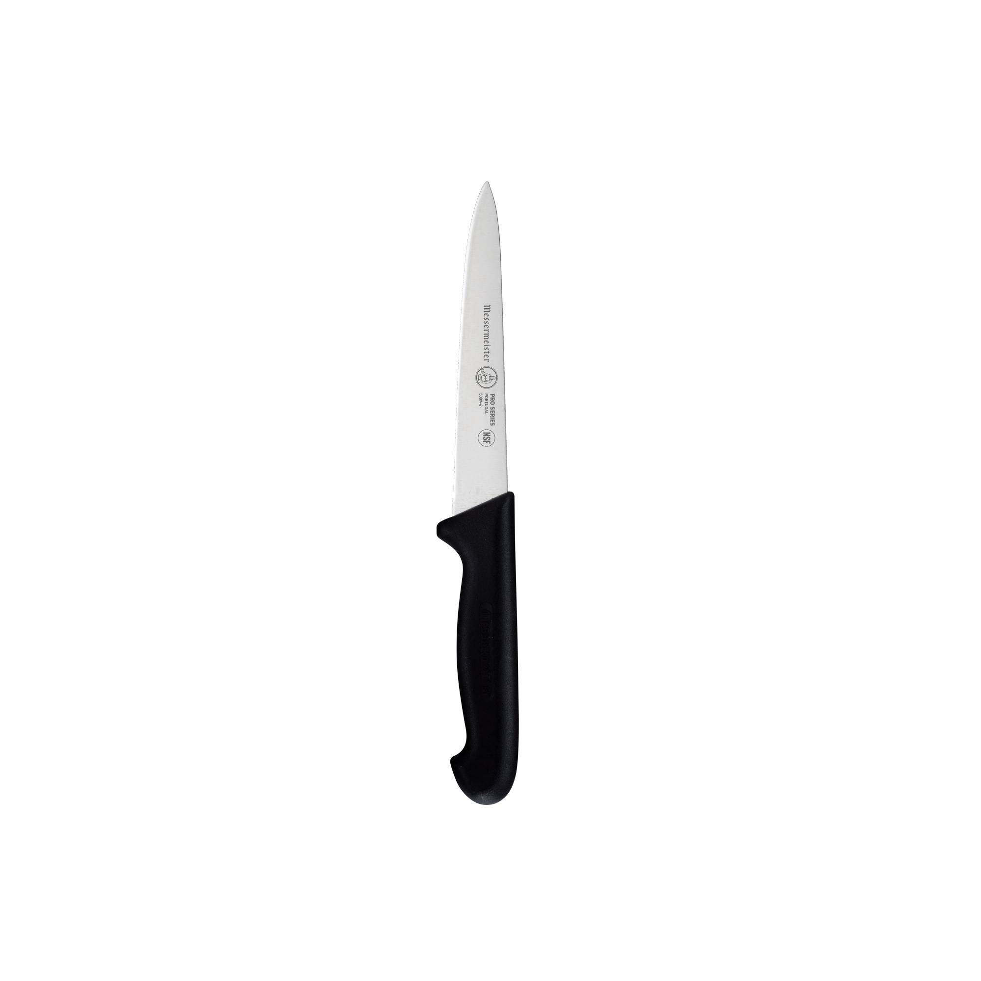 Messermeister Pro Series 6-inch utility knife with stainless steel blade and ergonomic black handle for slicing meat, fruit, and vegetables
