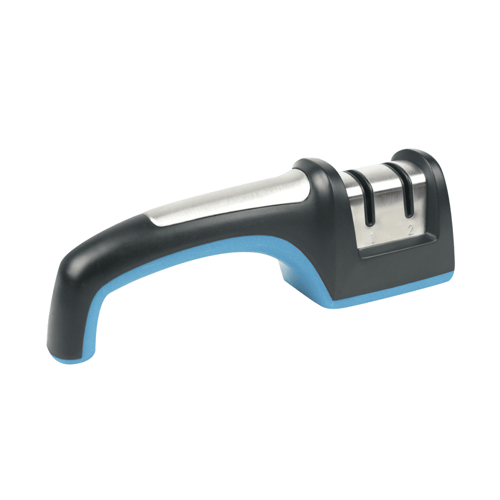 Messermeister Pull Through Knife Sharpener. A handheld knife sharpener with an ergonomic handle. The handle is black with a light blue underside and curves downward for grip. At the top are two metal sharpening slots set into a rectangular base, designed for different sharpening stages. The sharpening slots are on the right, and the handle is pointing to the left.