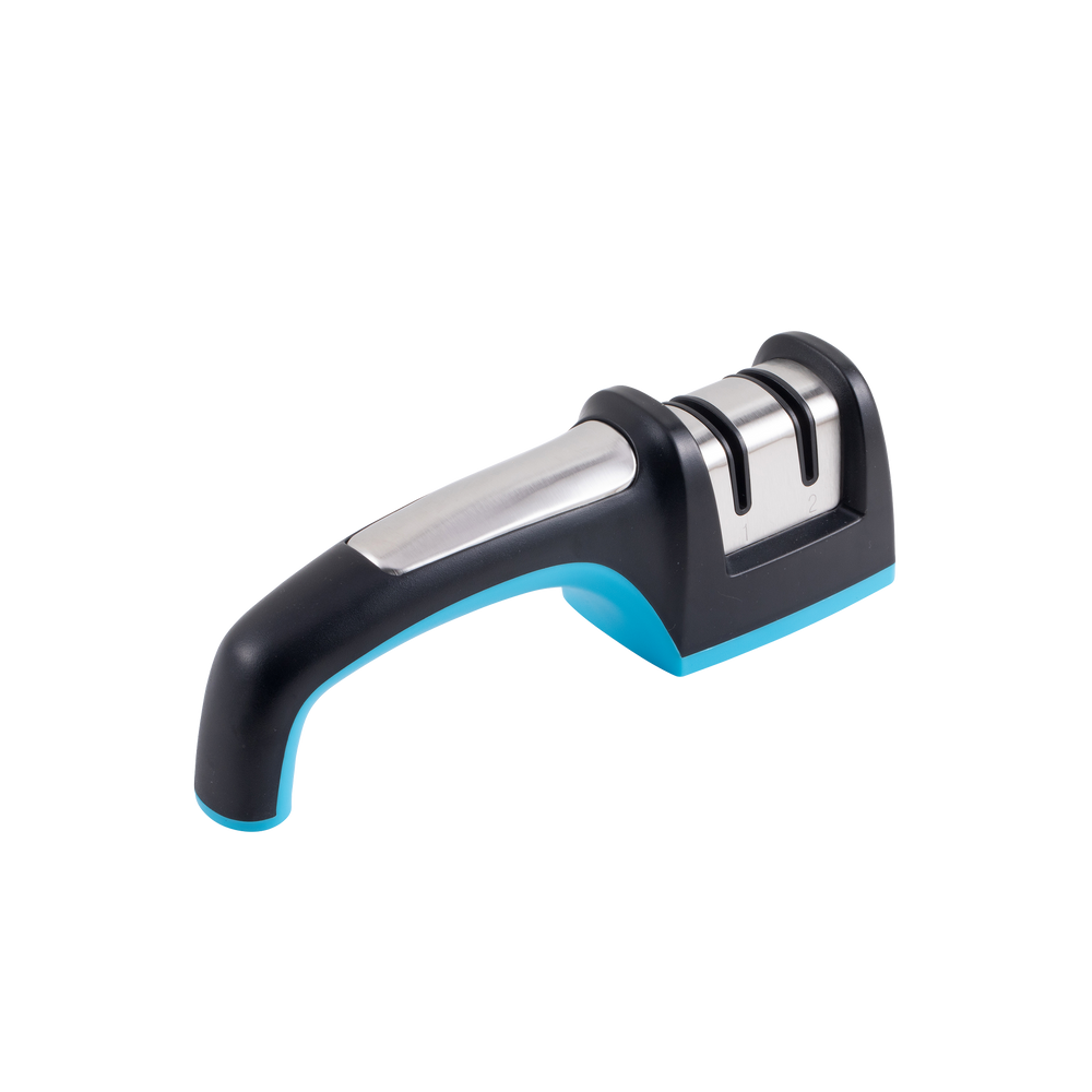 Messermeister Pull Through Knife Sharpener. A handheld knife sharpener with an ergonomic handle. The handle is black with a light blue underside and curves downward for grip. At the top are two metal sharpening slots set into a rectangular base, designed for different sharpening stages.
