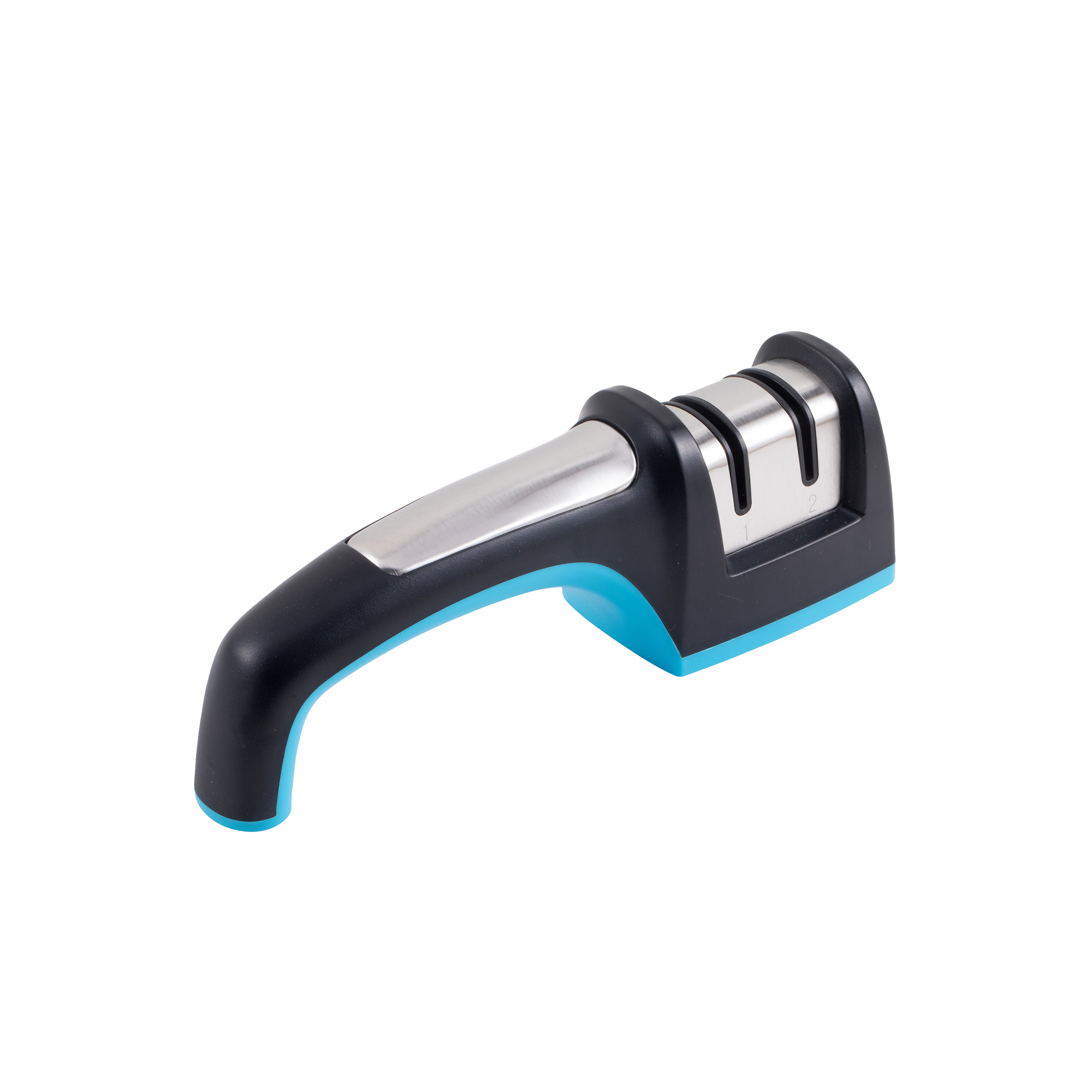 Messermeister Pull Through Knife Sharpener. A handheld knife sharpener with an ergonomic handle. The handle is black with a light blue underside and curves downward for grip. At the top are two metal sharpening slots set into a rectangular base, designed for different sharpening stages.