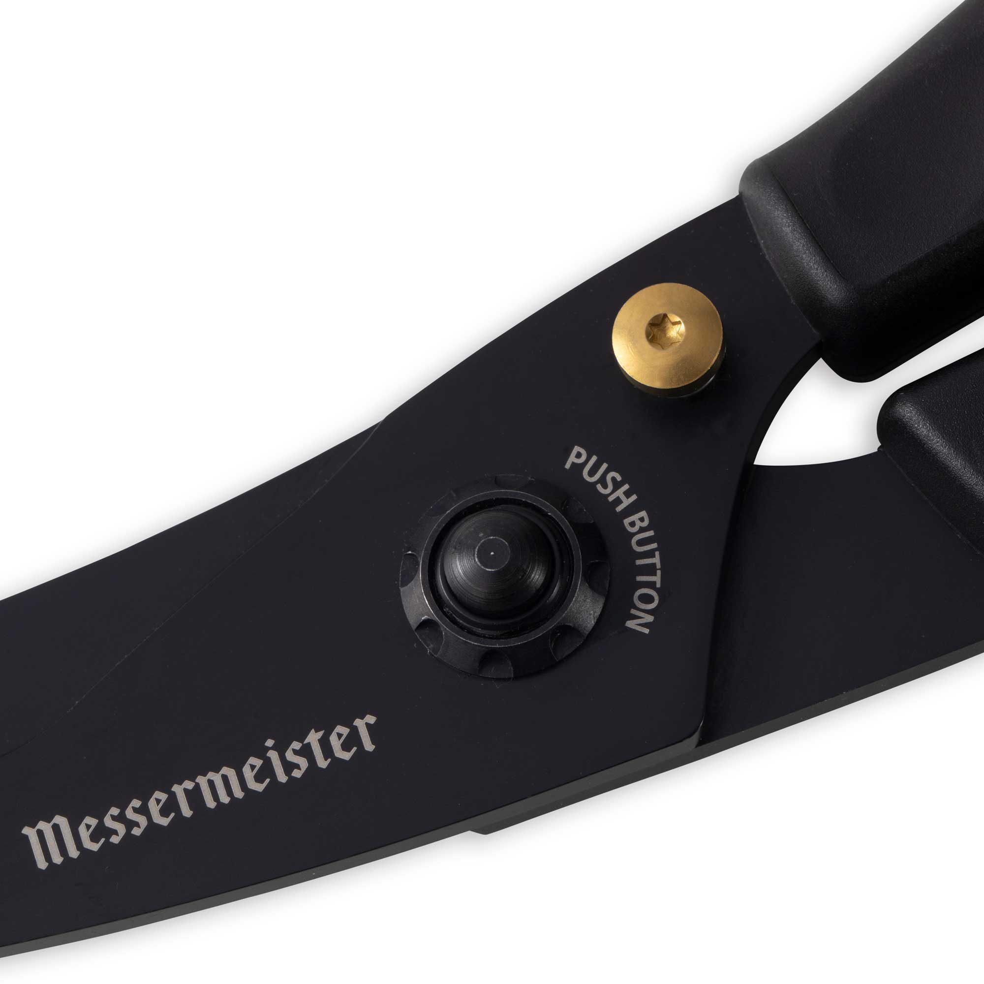 Close-up of the push button mechanism on 10-inch take-apart poultry shears, highlighting the durable stainless steel construction and easy-release design for quick cleaning and secure operation